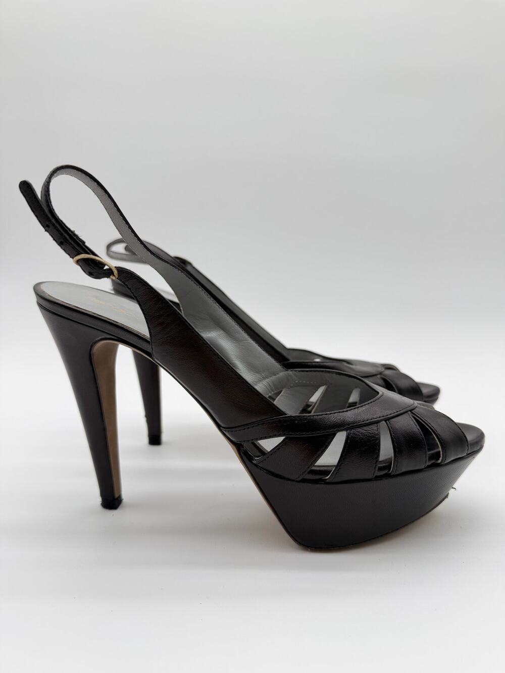 Sergio Rossi | Black Leather Slingback Platform Peep Toe Heels 38.5